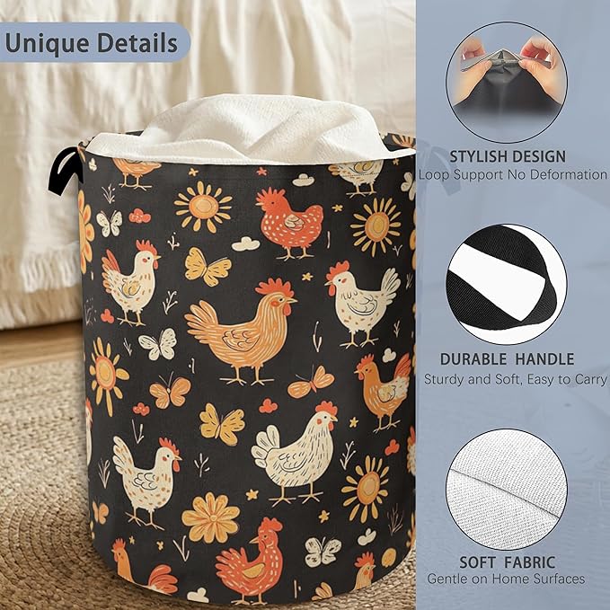 Cute Roosters Laundry Basket,Flower Butterfly Foldable with Handles Tote Bag Oxford Cloth for Bathroom Bedroom Dirty Clothes Storage Bucket 16" x 20.8"