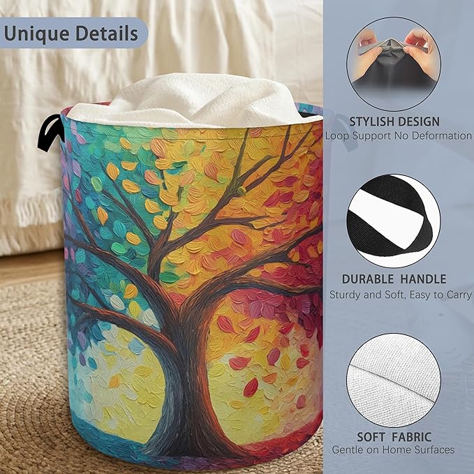 Tree of Life Laundry Basket,Oxford Cloth Laundry Hamper with Handle Foldable Portable Clothes Storage Basket for Bathroom Bedroom Dorm Room 16" x 20.8"