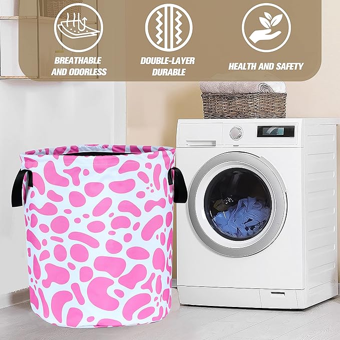 Pink Cow Print Laundry Basket Animal Foldable Oxford Cloth Funny Tote Bag Laundry Hamper Clothes Storage Bucket Organizer For Bathroom/Laundry Storage/Bedroom Storage Basket 17.7x13.7Inch