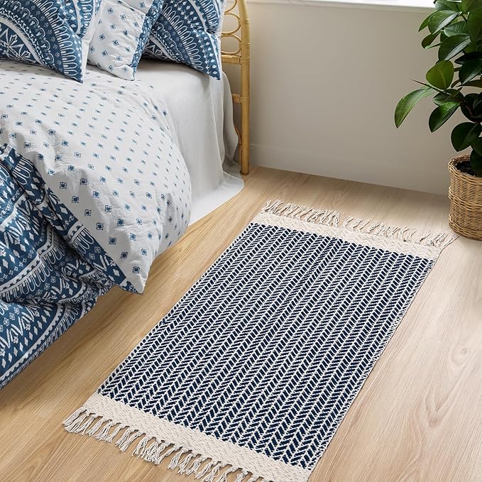 Lahome Boho Bathroom Rugs, Small 2x3 Front Door Mat Lightweight Entryway Rug Woven Cotton Area Rug with Tassels, Farmhouse Non Shedding Washable Blue Throw Rug Low Pile Carpet for Entry Laundry