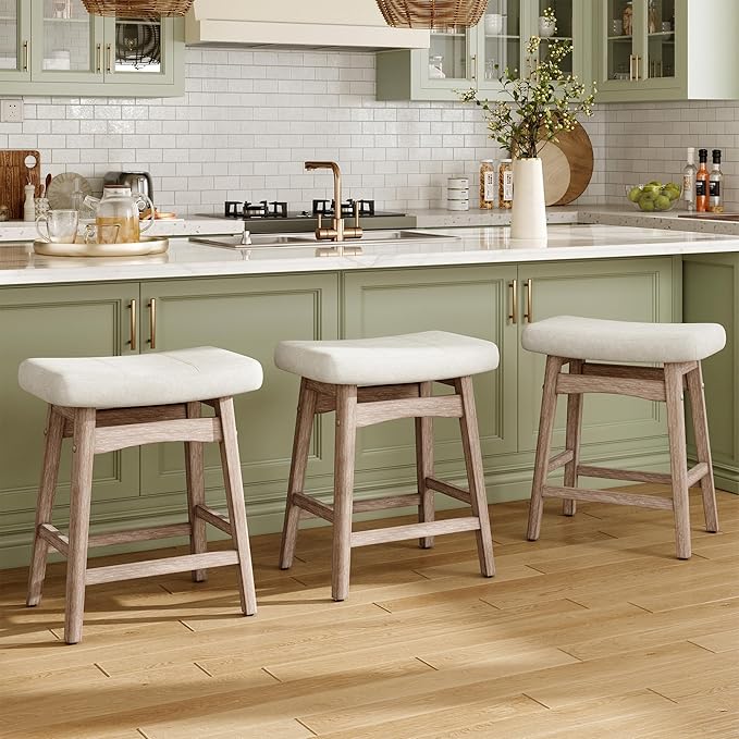 MAISON ARTS Bar Stools Set of 3 Counter Height for Kitchen Counter Solid Wood Legs with Fabric Saddle Seat Farmhouse Barstools for 34"-38" Counter Island Upholstered Stools, 24in, Creamy White