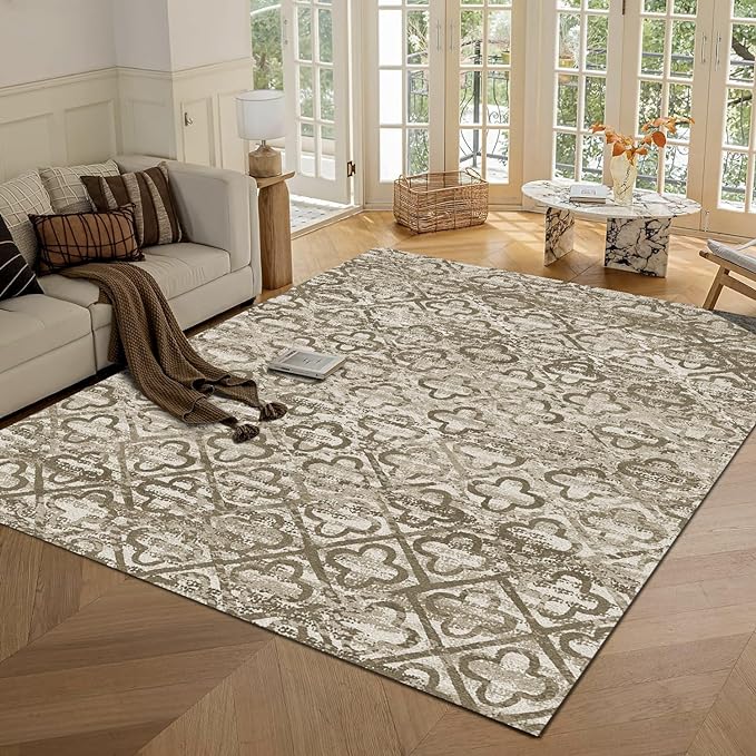 RUGSURE Washable Area Rugs, 8' x 10' - 1/6 Thick - Stain & Water Resistant Non-Slip - Perfect Resistant Rug for Living Room, Bedroom, Nursery, Pet & Child Friendly, Vibrant Colors Rugs, Brown