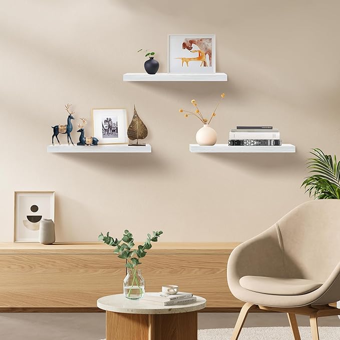 White Floating Shelves for Wall Set of 3, 16" White Shelves for Home Decor, Frame Display Wall Mounted Floating Shelf for Living Room, Bedroom, Bathroom, Kitchen
