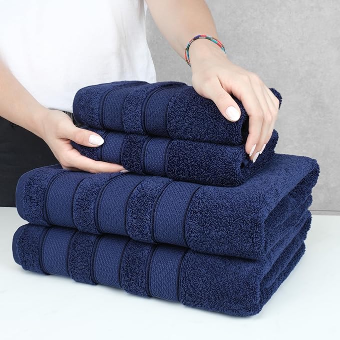 American Soft Linen Salem Turkish Bath Towel Set, 100% Cotton 600 GSM 6 Piece Towels for Bathroom, 2 Bath Towels 2 Hand Towels 2 Washcloths, Navy Blue