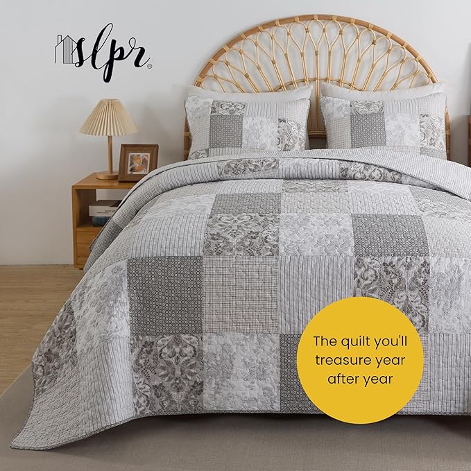 SLPR Silver Linings Cotton Quilt Set - Twin Size with 1 Sham, Neutral Pieced Patchwork Design, Country Silver Gray Quilted Comforter, Lightweight Summer Farmhouse Bedspread