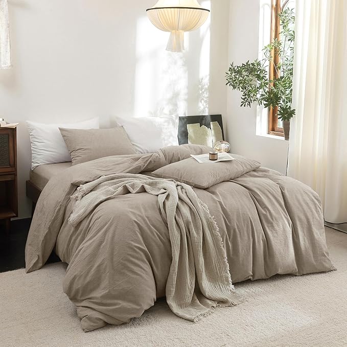 FOSSA Duvet Cover Set 100% Washed Cotton Linen Feel Super Soft Breathable Cozy 3 Pieces Bedding Sets Solid Tannish Linen Grey Super King Plus