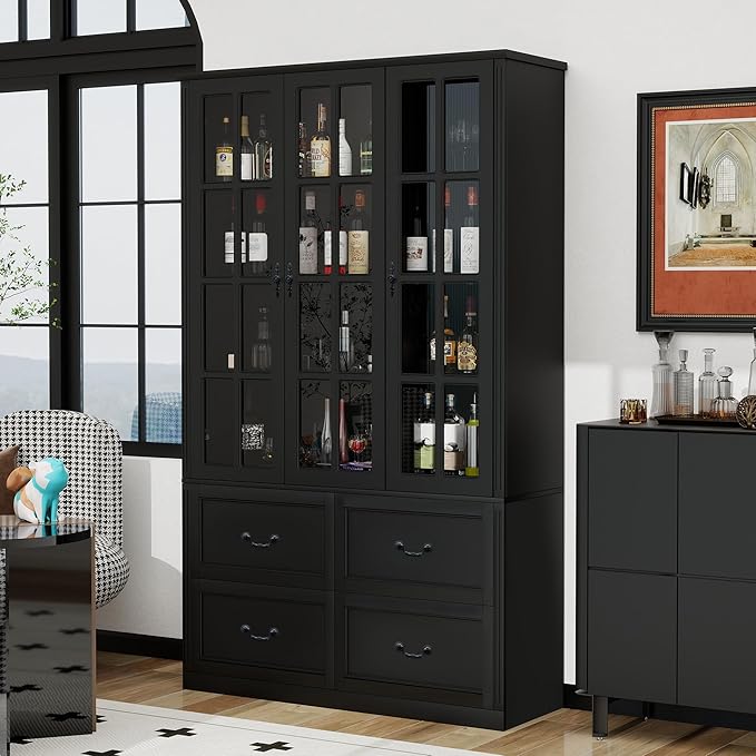 78.8" Tall Bookcase Display Storage Cabinet Hutch with Glass Doors & Drawers - Curio Display Bookshelf Kitchen Pantry for Home, Kitchen, Living Room.