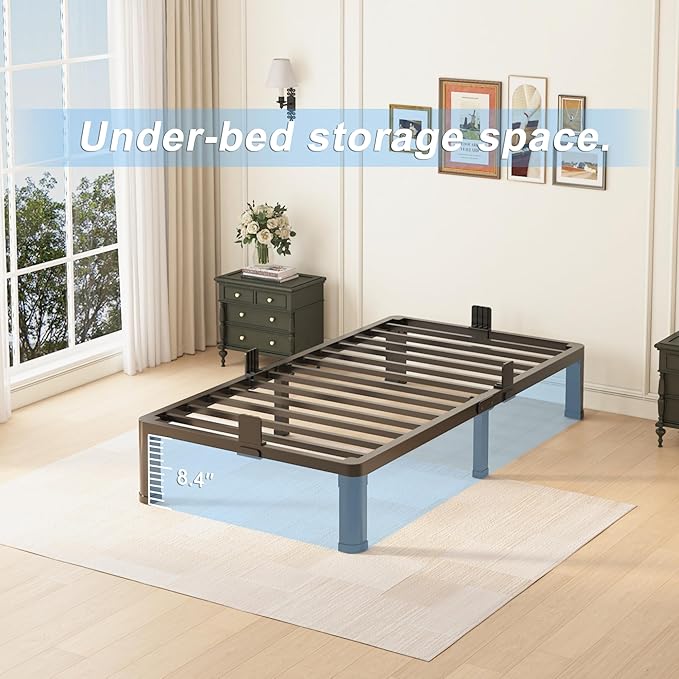 10 inch Twin Bed Frame with Round Corner Legs Mattress Slide Stopper,Low Profile Heavy Duty Metal Platform,No Box Spring Needed,Steel Slat Support,Easy Assembly,Noise Free