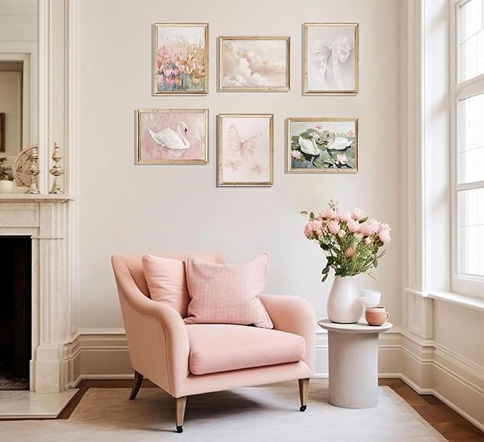 6Pcs Coquette Wall Art Pastel Pink Trendy Canvas Bow Posters White Swan Preppy Painting Butterfly Pictures Aesthetic Floral Prints Nursery Wall Decor for Teen Girls Bedroom College Dorm Unframed