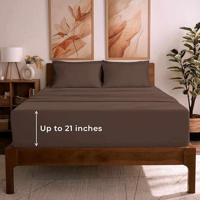 Mellanni Queen Sheet Set - 6-Piece Iconic Collection Bedding, (Including 4 Pillowcases), 21-Inch Extra Deep Pocket, Easy Care, Ultra Soft, Cooling Sheets, Brushed Microfiber - Brown