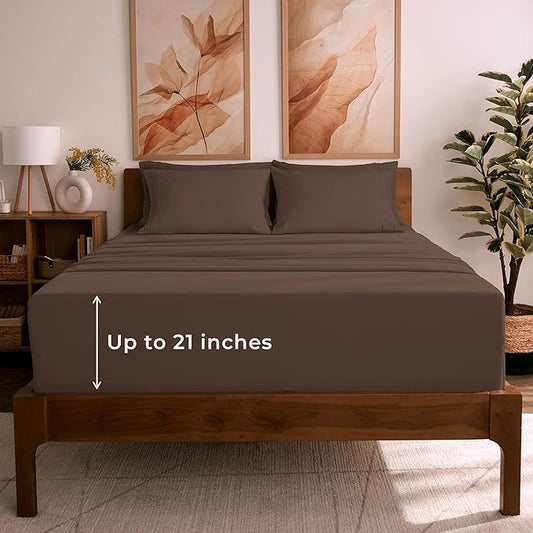 Mellanni King Sheet Set - 6-Piece Iconic Collection Bedding, (Including 4 Pillowcases), 21-Inch Extra Deep Pocket, Easy Care, Ultra Soft, Cooling Sheets, Brushed Microfiber - Brown