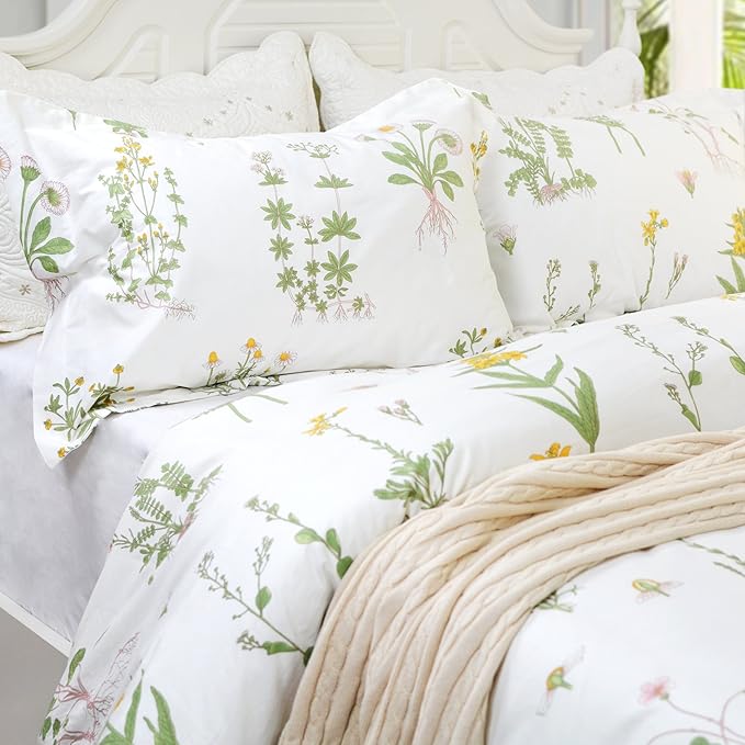 FADFAY Shabby Floral Duvet Cover Set White and Green Cotton Bedding Set with Hidden Zipper Closure 3 Pieces, 1duvet Cover & 2pillowcases (Full Size, Simple Style)