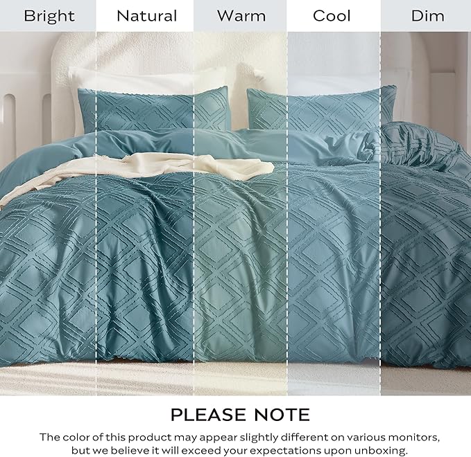 JELLYMONI Duvet Cover Twin Size Grayish Blue - 3PCS Boho Duvet Cover Set Plaid Polyester Tufted Bohemian Jacquard Knit Textured Comforter Cover 68×90in Rhombic Geometric Pattern Corner Ties & Zipper