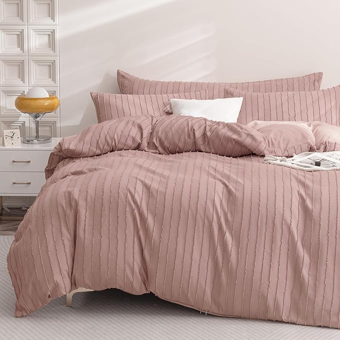 JELLYMONI Duvet Cover Full Size Smokey Pink - 3PCS Boho Striped Duvet Cover Set Polyester Tufted Bohemian Textured Comforter Cover 80×90in with Corner Ties & Zipper and 2 Pillowcases
