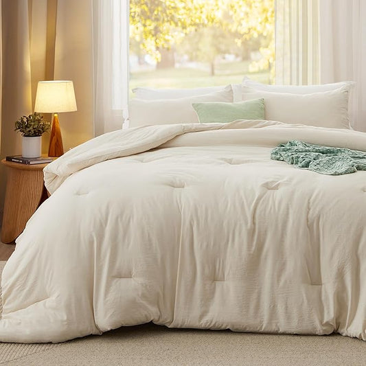 Bedsure King Size Comforter Set, Cream Soft Prewashed Bedding for All Seasons, 3 Pieces GentleSoft™ Warm Down Alternative Bed Set, 1 Lightweight Comforter (104"x90") and 2 Pillowcases (20"x36")