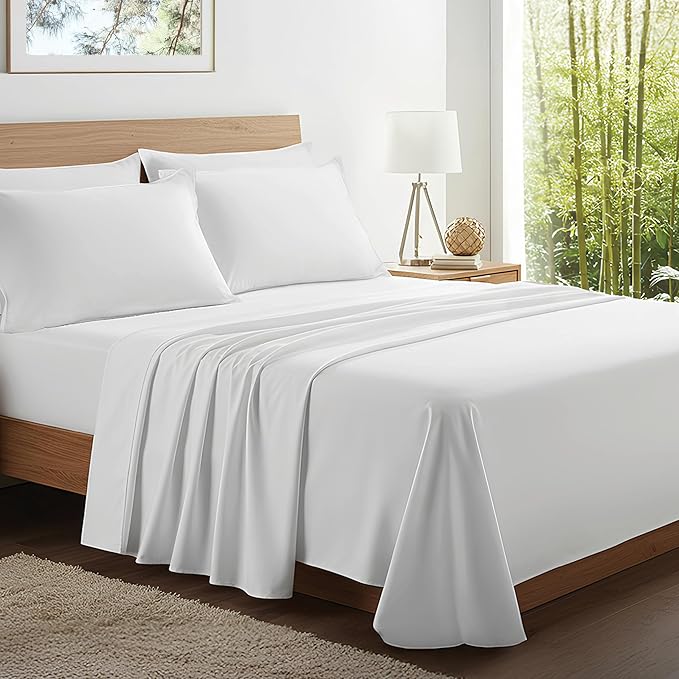 Kickoff Viscose Bamboo Sheets California King Size 4-pc 100% Organic Bamboo Viscose Bed Cooling Sheets Cal King Set Cool Bedding for hot Sleepers Sheet, Flat, Fitted, Pillowcases (Snow White, CK) KickoffHome