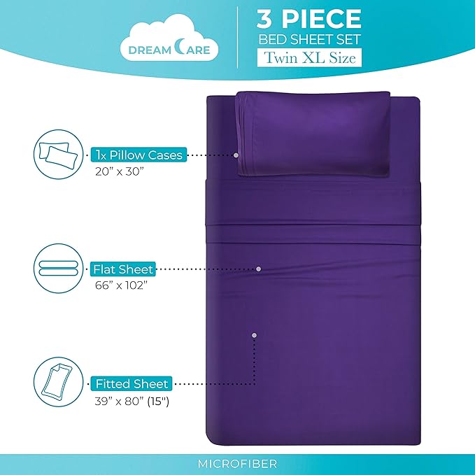 DREAMCARE Twin XL Sheet Sets – 3pcs Cooling Sheets – up to 15” Deep Pocket Twin XL Sheets Set – Hotel Luxury Sheets & Pillowcases – Superior Softness 100% Fine Microfiber with Side Pocket – Purple DREAMCARE