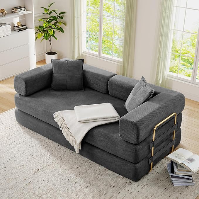 Antetek Convertible Futon Sofa Bed, 3-Seater Modern Corduroy Foam Floor King Size Bed Fold Out Sleeper Lounge Loveseat Sofa Couch with 2 Throw Pillows for Living Room Bedroom Guest Room, Dark Grey