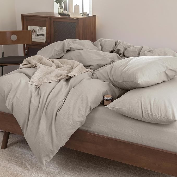 FOSSA Duvet Cover Set 100% Washed Cotton Linen Feel Super Soft Breathable Cozy Simple Style 3 Pieces Bedding Sets Solid Cream Grey Oversized King Plus