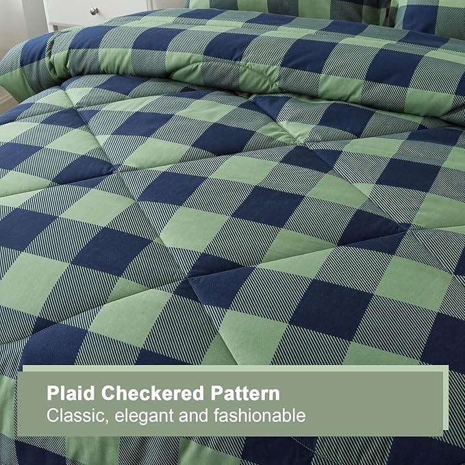 Andency Green Plaid Comforter Full(79x90Inch), 3 Pieces (1 Comforter, 2 Pillowcases) Buffalo Checkered Gingham Bed Set, Soft Geometric Bedding for Boys