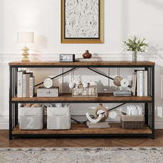 HSH Horizontal Bookshelf, Wood Metal Low Bookcase with Storage, Open 3 Tier Etagere Book Shelf for Office Bedroom Living Room, Rustic Brown, 55 Inch