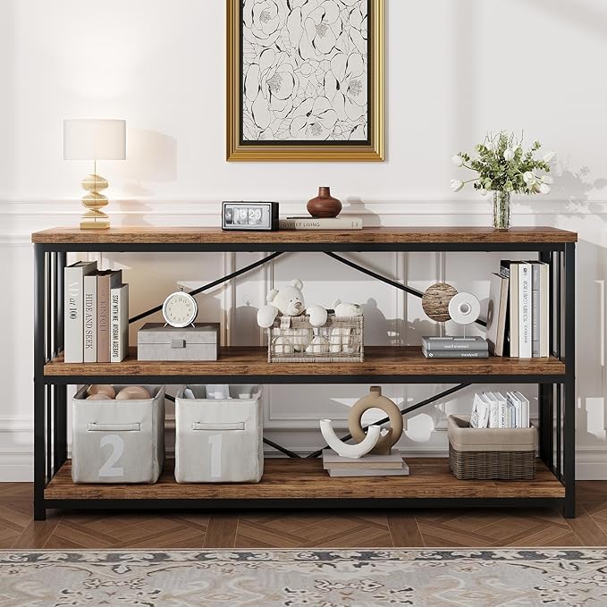 HSH Horizontal Bookshelf, Wood Metal Low Bookcase with Storage, Open 3 Tier Etagere Book Shelf for Office Bedroom Living Room, Rustic Brown, 55 Inch