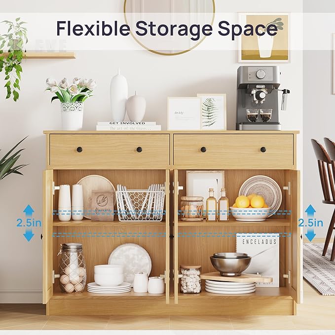 49" Oak Buffet Cabinet with Doors & Drawers, Modern Kitchen Storage Sideboard, Coffee Bar Console for Dining Room, Living Room, Entryway