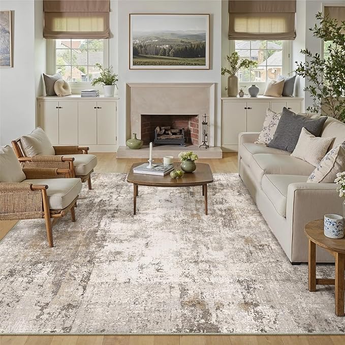 10x12 Area Rug Brown Grey Abstract Living Room Bedroom Washable Carpet Neutral Modern Non Slip Soft Low Pile Indoor Large Throw Rug for Dining Room Office