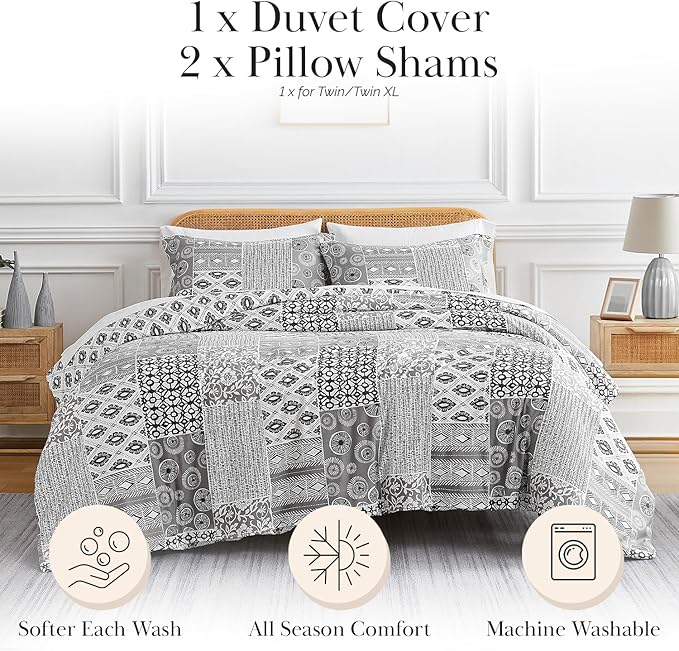 Southshore Fine Living, Inc. Patchwork Duvet Cover Twin/Twin XL - Hotel Quality Reversible Twin Bedding Set, Easy Care - Twin Duvet Cover Set with Matching Pillow Sham - Global Patchwork Grey