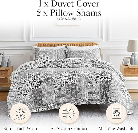 Southshore Fine Living, Inc. Patchwork Duvet Cover Set King Size/California King - Reversible King Bedding Set, Easy Care - 1 King Duvet Cover Set with 2 Pillow Shams - Global Patchwork Grey