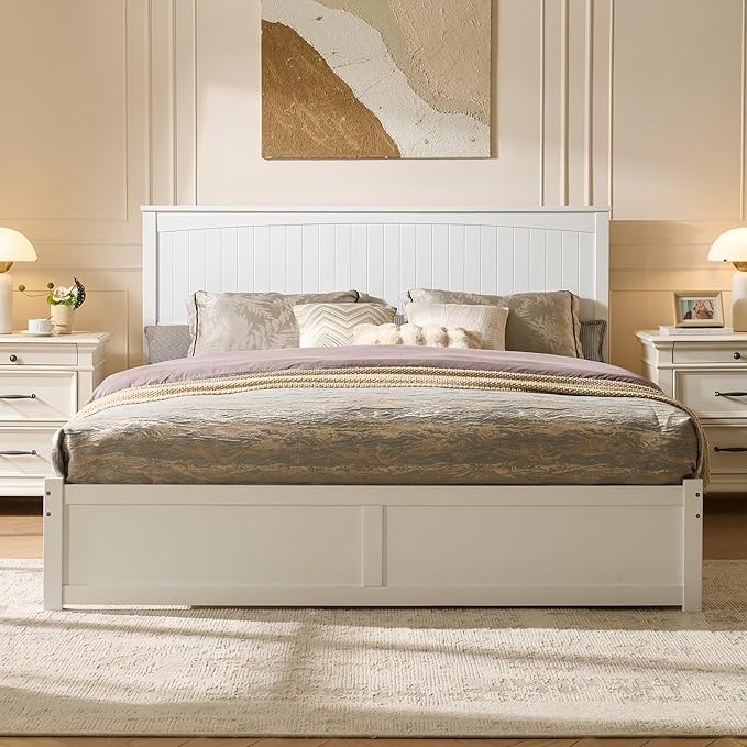 King Size Solid Wood Bed Frame with Storage, Mid-Century Modern Platform Bed with 50" Headboard & 2 Drawers, No Box Spring Needed/Quiet Support/Easy Assembly/Soft White Finish