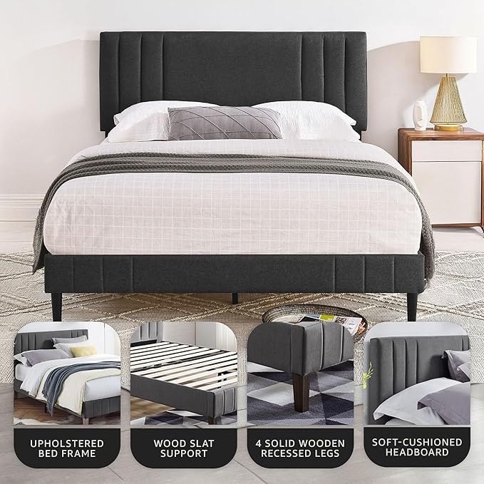 Decoro Chicago Modern Tufted Upholstered Platform King Size Bed Frame, Dark Grey