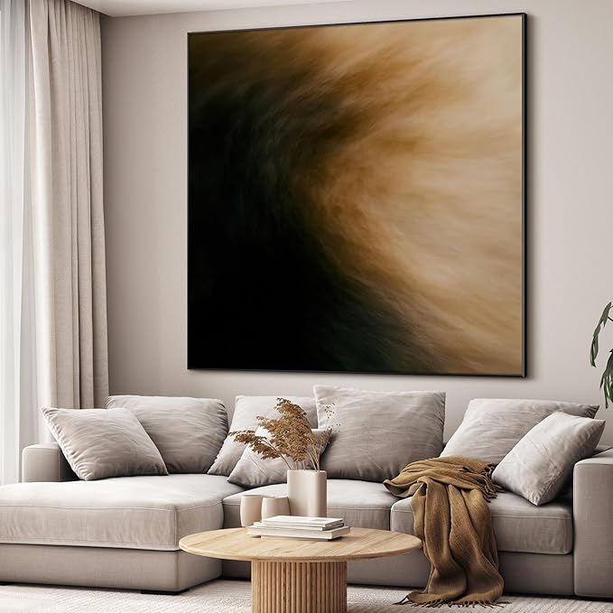 60"x60" XL Framed Wall Art - Dark Abstract Black and Brown Gradient Modern Painting Minimalist Foggy Forest Tranquil (Frame Assembly Required)
