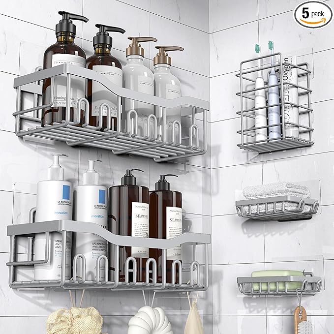 EUDELE 5-Pack Rustproof Stainless Steel Shower Caddy Set– No Drill Adhesive Bathroom Organizer, Space-Saving Shower Shelves for Apartment Essentials, Bathroom/Kitchen Storage Home Decor-L Size