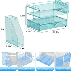 gianotter Desk Organizers and Accessories with File Holder, 4-Tier Desk Accessories & Workspace Organizers with Drawer and 2 Pen Holder, Paper Organizer for Office Supplies (Blue)