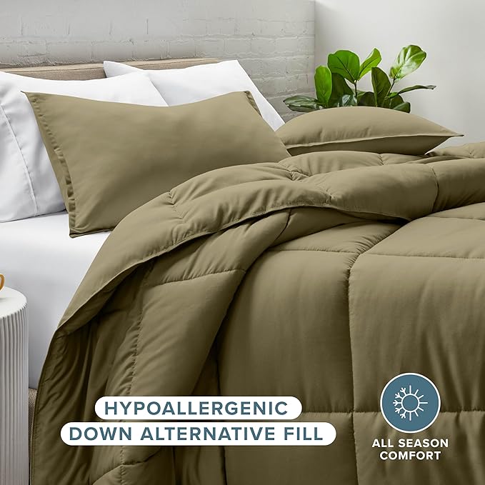 Bare Home Comforter Set - Full Size - Ultra-Soft - Goose Down Alternative - Premium 1800 Series - All Season Warmth (Full, Olive)