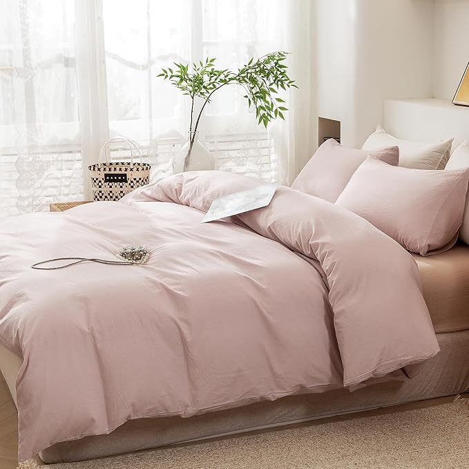 ECOCOTT Duvet Cover Set, 100% Washed Cotton Linen-Like Soft & Breathable, Durable Comfy Bedding Set for All Seasons Full Size (Greyish Pink)