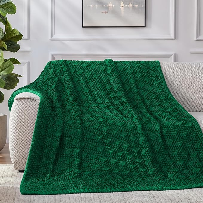 Knitted Weighted Blanket for Adult, Chunky Knit Weighted Throw for Sleep 60"*80" 12lbs, Cooling Breathable Machine Washable Heavy Blanket for Room Decor (Green, Queen)