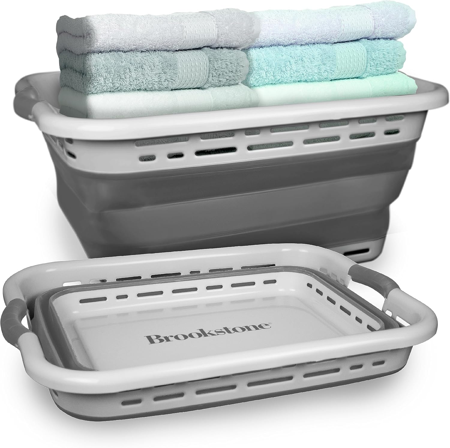 BROOKSTONE 11 GALLON XL 24" Collapsible Laundry Basket & Clothes Hamper, Comfort Non-Slip Handles, Modern Laundry Hamper with Space Saving Design, Portable Pop-Up Hamper, BPA FREE, Light Grey, 1 Pack Dormly