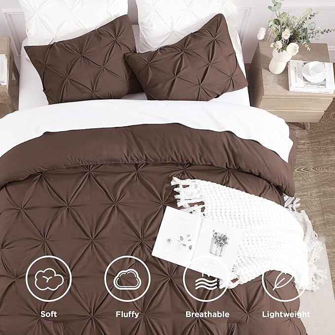 Andency Brown Pinch Pleat Comforter Full(79x90Inch), 3 Pieces(1 Down Alternative Comforter and 2 Pillowcases) Brown Bed Set Microfiber Pintuck Bedding Set
