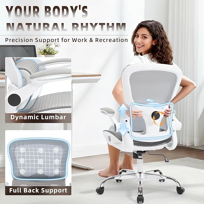 Office Chair, Ergonomic Desk Chair with Adjustable High Back 2D Lumbar Support Flip-up Armrests, Executive Breathable Mesh Comfy Swivel Rolling Computer Task Chair for Home Office Study Work Gaming