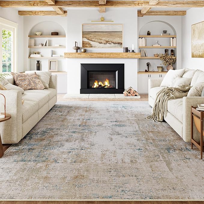 6x9 Washable Area Rug Beige Blue Abstract Living Room Bedroom Throw Rug Neutral Modern Non Slip Soft Low Pile Indoor Carpet for Dining Room Kitchen Office