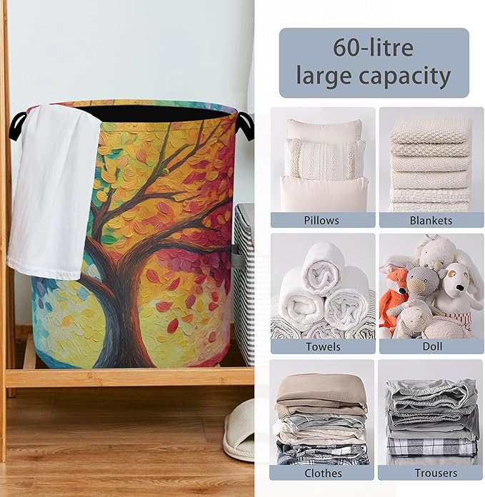 Tree of Life Laundry Basket,Oxford Cloth Laundry Hamper with Handle Foldable Portable Clothes Storage Basket for Bathroom Bedroom Dorm Room 16" x 20.8"