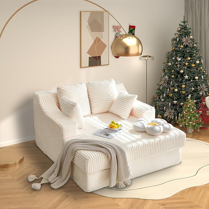 55 Inch Chaise Lounge Indoor - Oversized Chaise Lounge with 4 Throw Pillows and Armrets, Upholstered Plush Sofa Bed, Corduroy Lazy Chair Bed, Sleeper Chair for Living Room or Bedroom, Beige