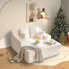 55 Inch Chaise Lounge Indoor - Oversized Chaise Lounge with 4 Throw Pillows and Armrets, Upholstered Plush Sofa Bed, Corduroy Lazy Chair Bed, Sleeper Chair for Living Room or Bedroom, Beige