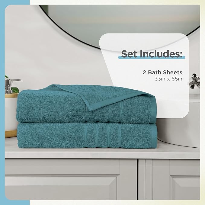 Martex 2-Pack Ultimate Performance Bath Sheet Set – 100% Cotton – 33” x 65” – Extra Large Bath Towels – Versatile – Low-Linting – Supersoft Bathroom Set – Super Absorbent – Easy Care – Larkspur Teal