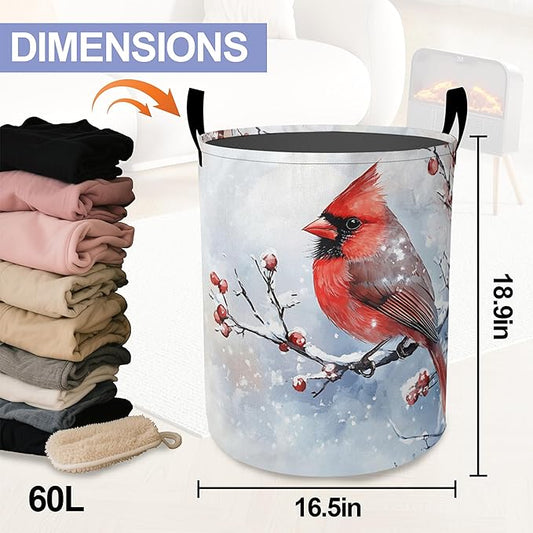 Cardinal BirdLaundry Basket,Winter Flowers Large Canvas Fabric Lightweight Storage Hamper Organizer Dirty Clothes Collapsible Waterproof for College Dorms,Bathroom