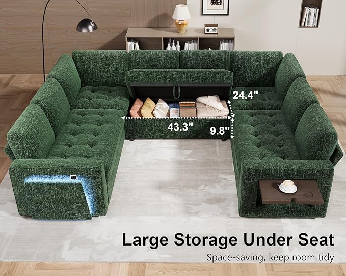 WEUP 8 Seat U Shaped Sectional Sleeper Sofa Bed with Pull Out Bed, Chenille Sectional Sleeper Couch with Adjustable Backrest, USB Ports, LED, Side Table, Tool-Free Assembly, Chenille Green