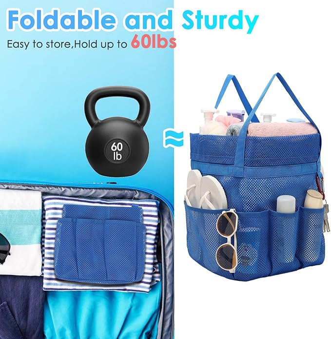 Mesh Shower Caddy Portable with Drawstring, Dorm Room Essentials for College Girls Guys, 8-Pocket Extra Large Shower Bag Basket Tote for Camping Beach Gym Travel Toiletry Bathroom