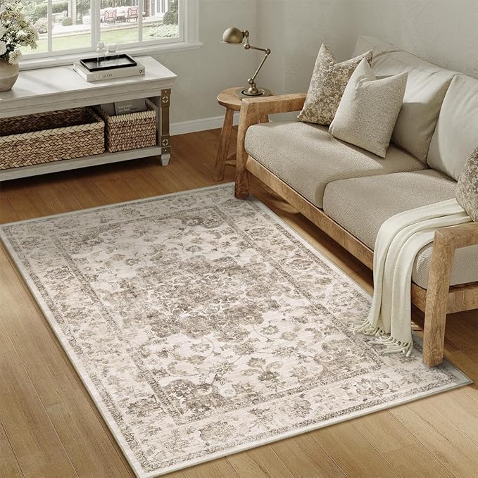 4x6 Washable Neutral Area Rug Brown Vintage Entryway Office Carpet Non-Slip Soft Low Pile Floral Indoor Throw Rug for Living Room Bathroom Dining Room